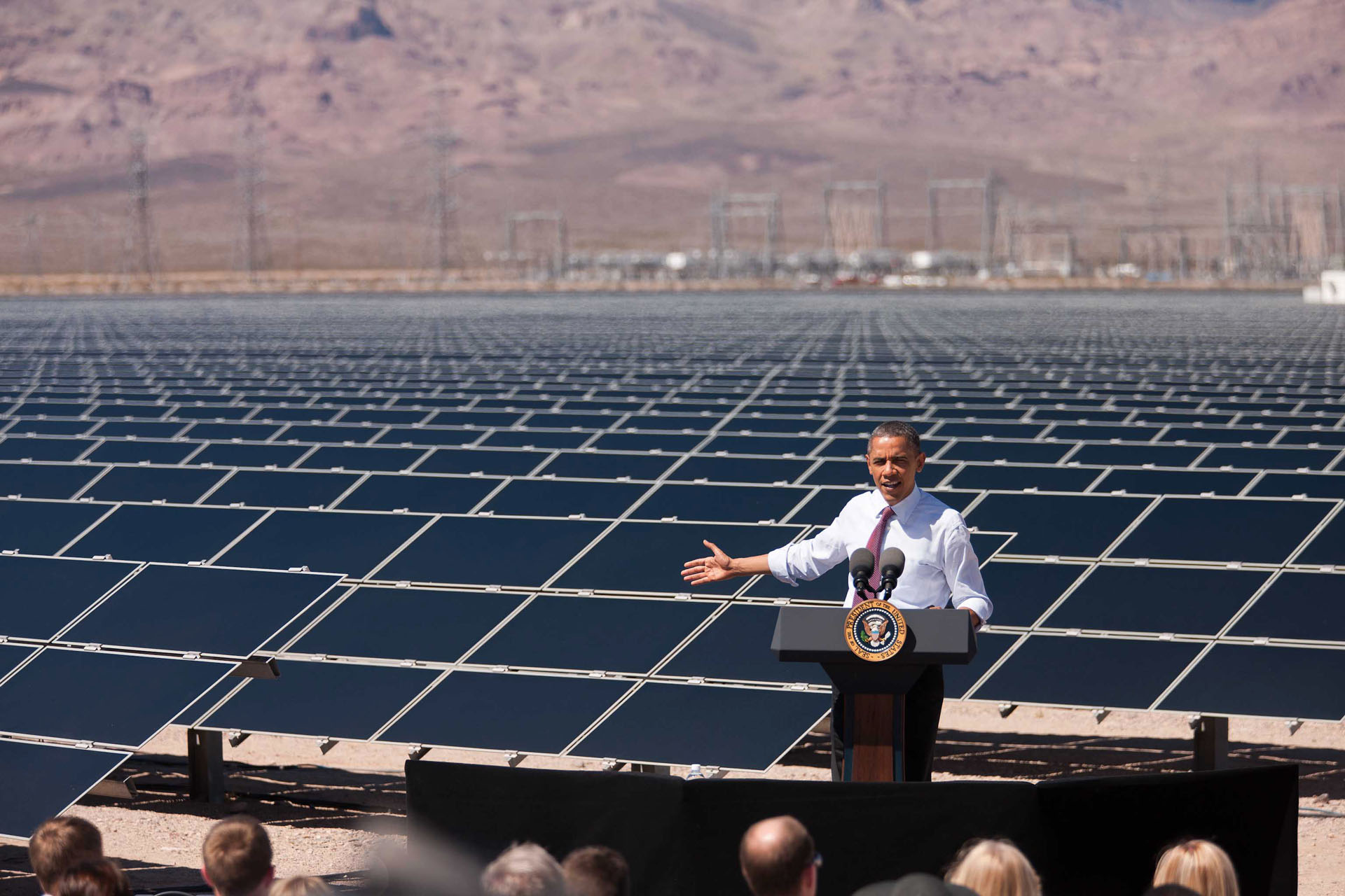 President Barack Obama speaking at a solar energy farm