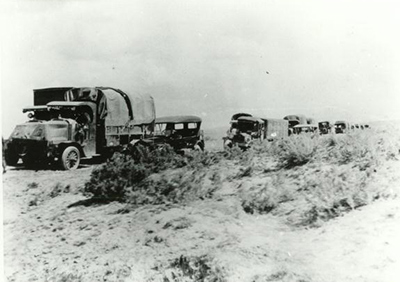 An old photo of an Army convoy