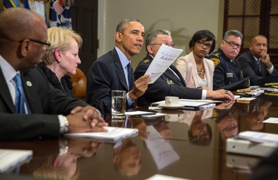 President Barack Obama and members of the President's Task Force on 21st Century Policing meet with the press on March 2, 2015